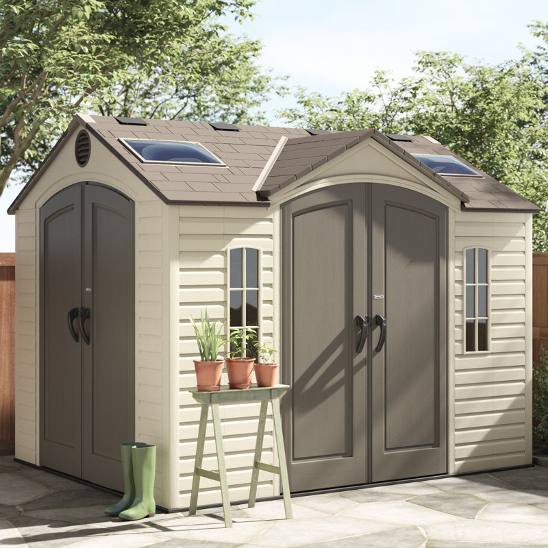 Desert Sand Polyethylene Outdoor Storage Shed with Windows and Shelving, 8' x 10'