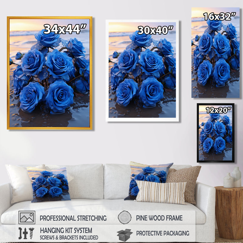 Roses bleues sur la plage - Roses, art mural, H 20 po x l 12 po x P 1 po, Toile avec cadre flottant noir
