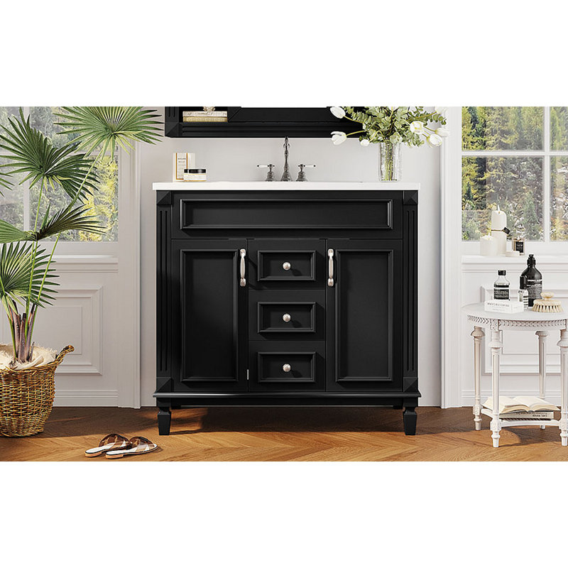 Meuble-lavabo 36 po avec lavabo supérieur, armoire de rangement moderne avec 2 portes à fermeture douce et 2 tiroirs, meuble-lavabo simple