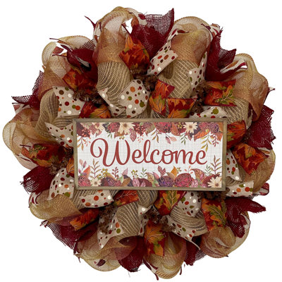 Autumn Welcome Burgundy and Gold Wreath