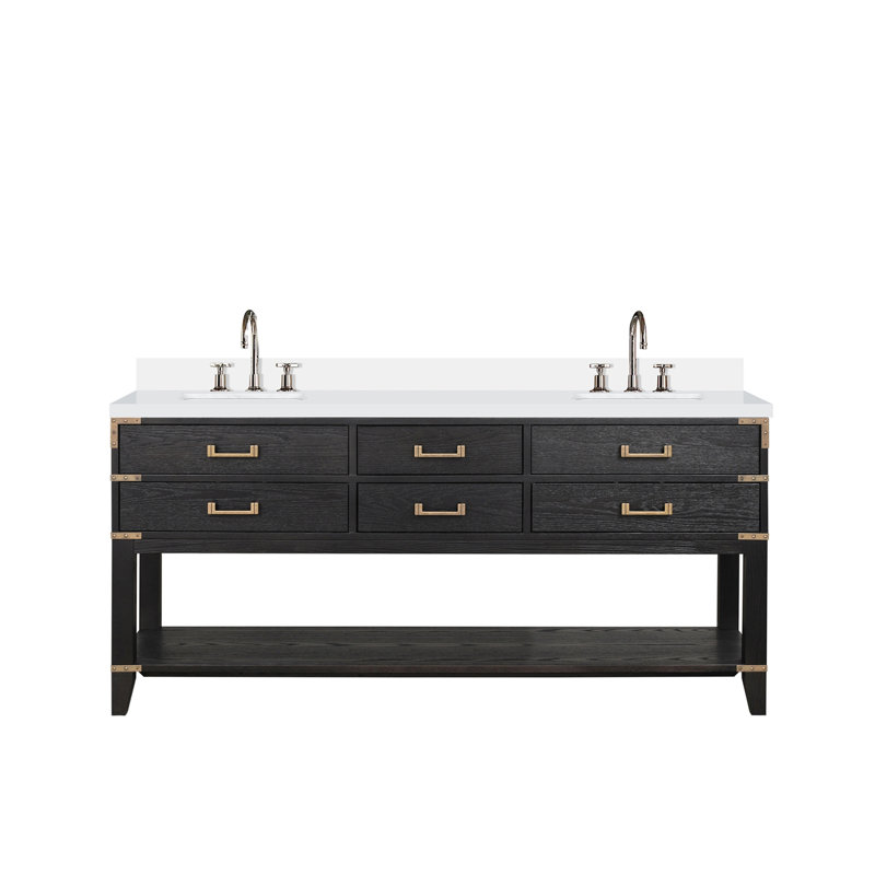 Ensemble de meuble-lavabo double avec plateau en marbre de culture et robinet, Noir, noir, noir, noir