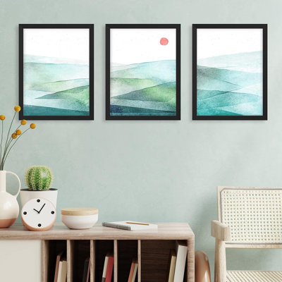 Abstract Landscape " IDEA4WALL Framed Watercolor Mountains Wall Art, Set Of 3 Green Blue Pastel Wall Decor Prints, Nature Wilderness Wall Décor For Living Room, Bedroom " 3 - Pieces