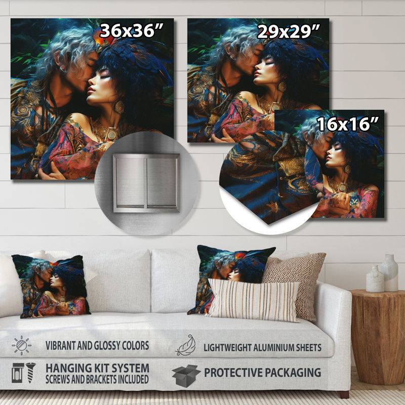 Amour bohémien plume bleue amour éternel - Couple, art mural, H 30 po x l 30 po x P 1 po, Métal métal