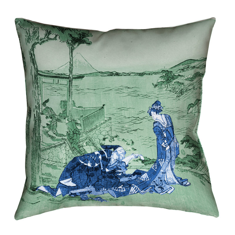Housse de coussin Katsushika Hokusai, 14 po x 14 po, Bleu / vert