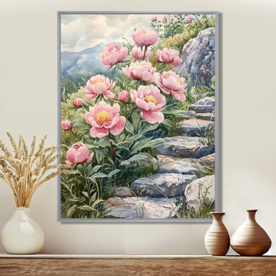 Pivoines par le chemin de pierre I - pivoines, art mural large