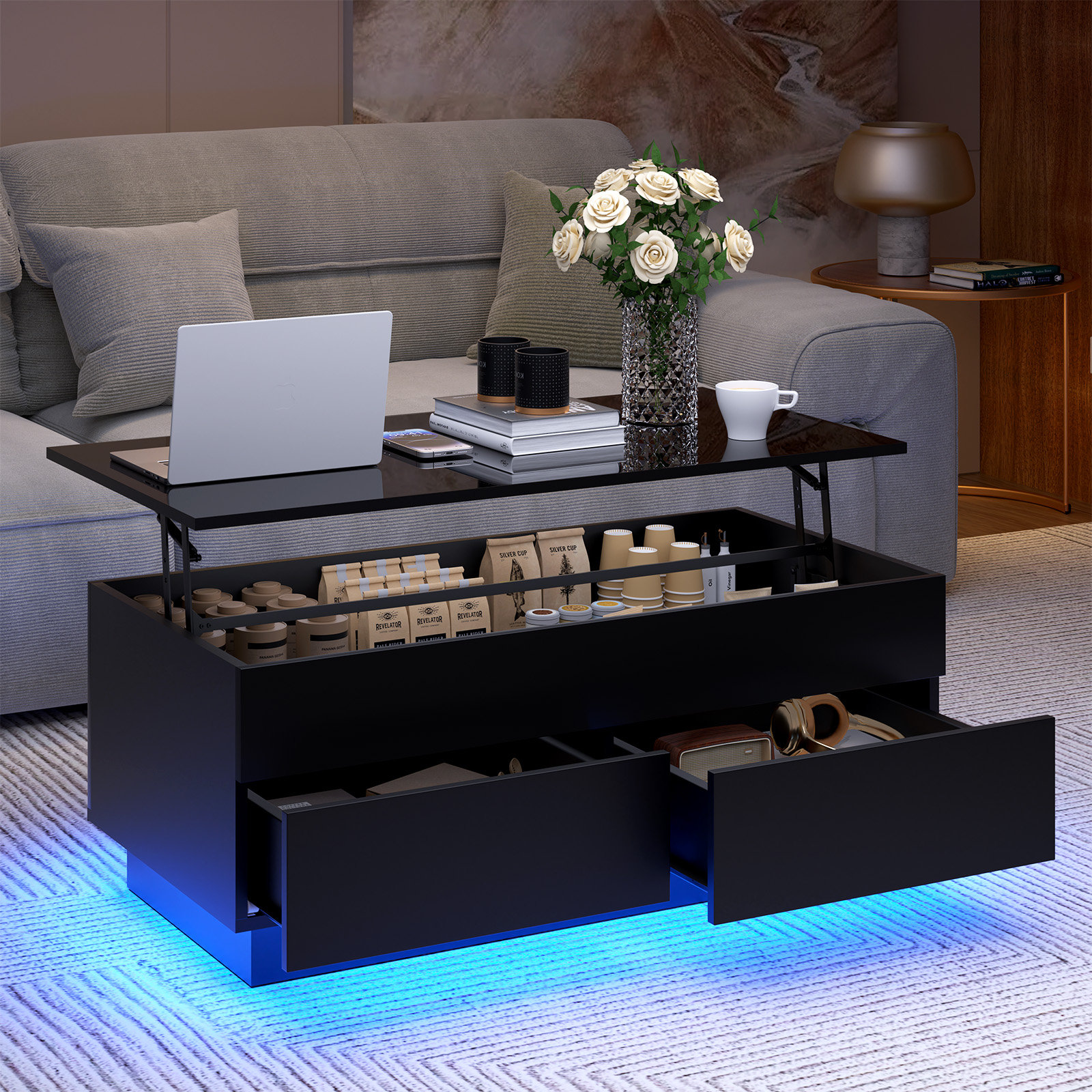 Wade Logan® Aviad Lift Top Coffee Table with Multifunctional RGB LED Lights, Hidden Compartment and Drawers & Reviews | Wayfair