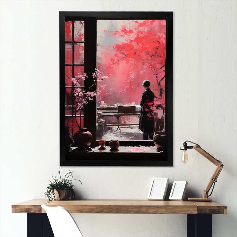 Rose, Japon, fenêtre, vue, femme, art mural, Cadre photo noir simple, H 32 po x l 16 po x P 1 po