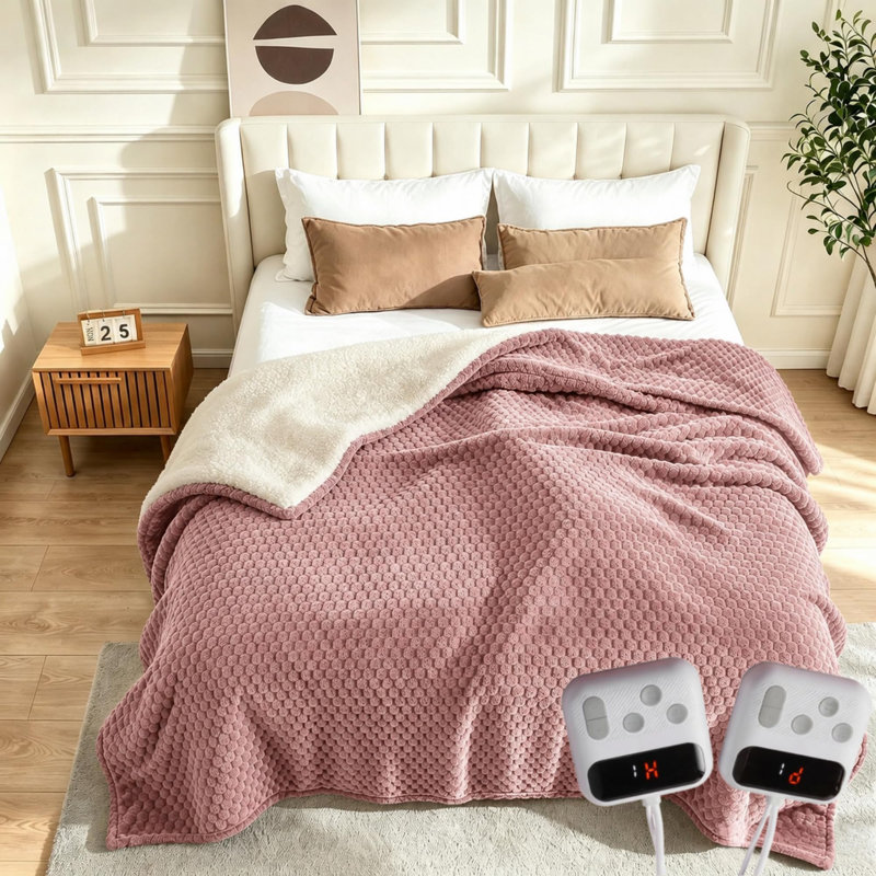 Heated Throw Blanket 90"x100" with 6 Heat Settings & 10H Auto Shut-Off, 3D Jacquard Flannel Sherpa Fleece, Machine Washable