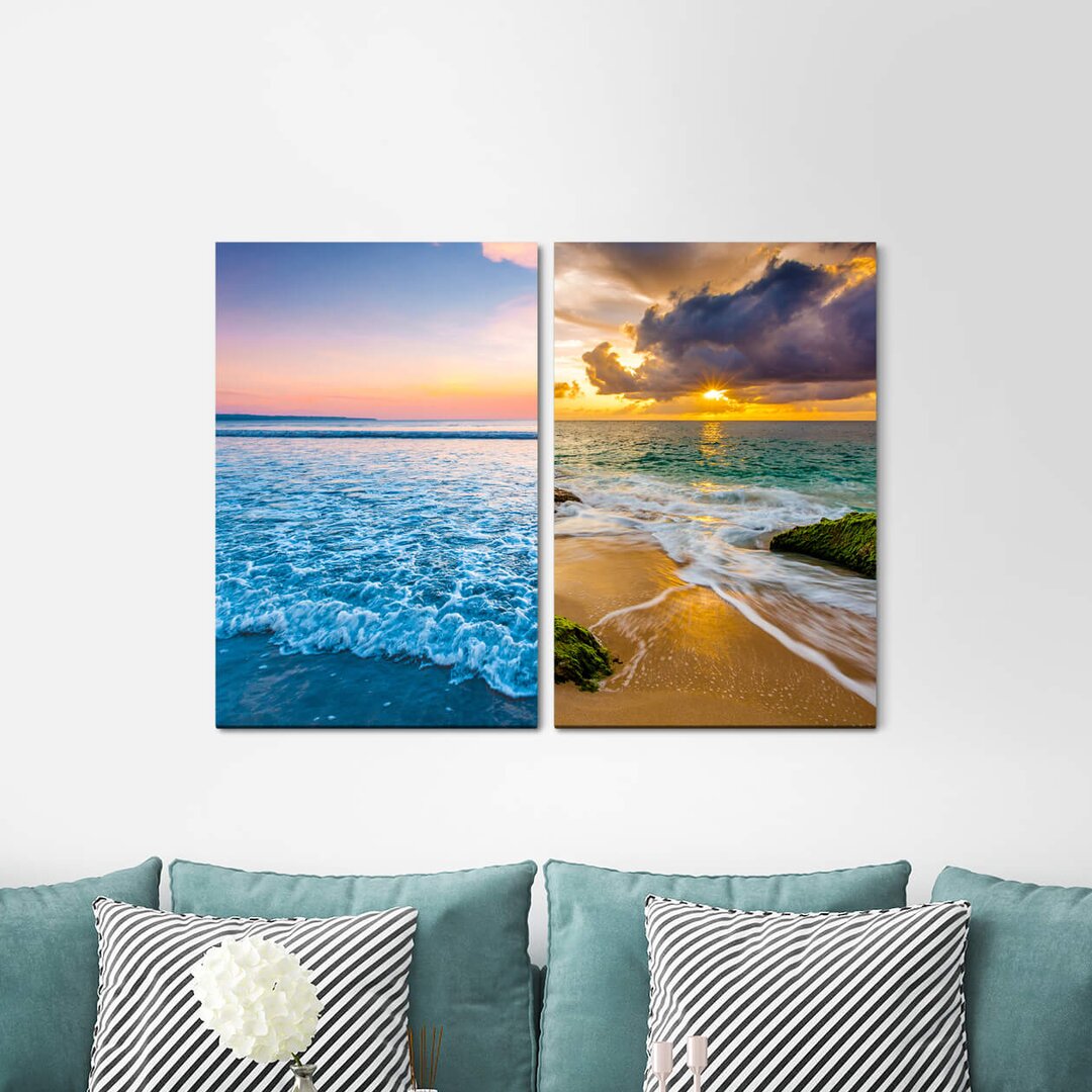 2-tlg. Leinwandbilder-Set - Grafikdruck „Horizon Sea Waves Beach Sunset Clouds Freedom”