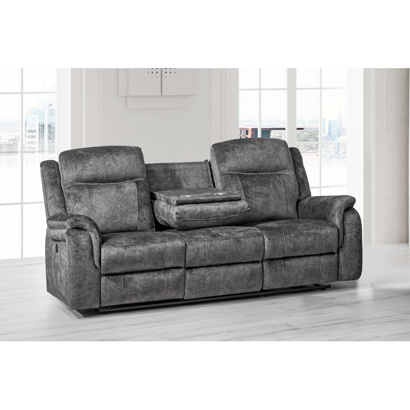 Lannion 82'' Pillow Top Arm Reclining Sofa, Power - Push Button, Gray Microfiber/Microsuede