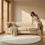 Crème moderne 3 places blanc avec 2 coussins, rembourrage en mousse haute densité, accents métalliques dorés, velours de coussins amovibles, dossier profond, côté garni, doux pour les appartements