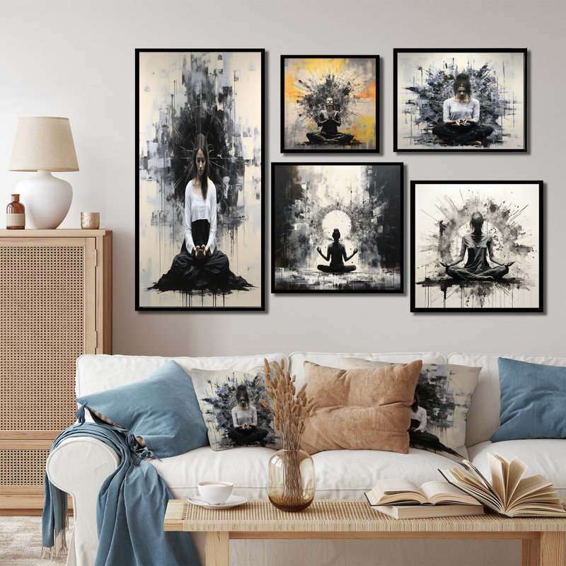 Minimalisme noir et blanc Yoga Mediation - ensemble de 5 reproductions d'art sur toile, Cadre flottant noir