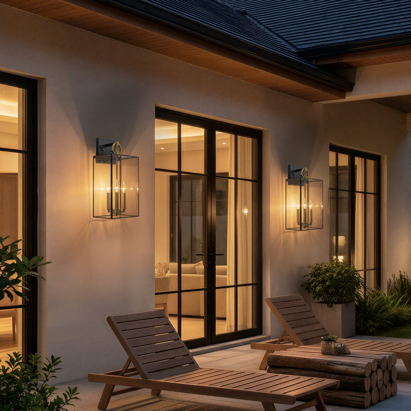 2-light Black+brass Outdoor Wall Lantern With E12 Base Socket And Clear Tempered Glass Shade, 18.25" H x 9" W x 7.25" D