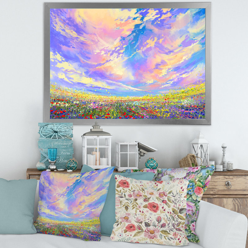 Fleurs colorées dans un champ sous de magnifiques nuages - peinture sur toile, H 24 po x l 32 po x P 1 po