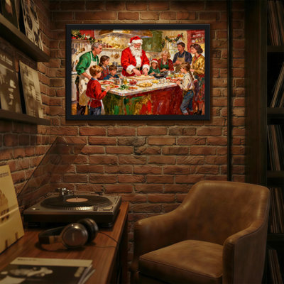 Noël père Noël cuisinant avec sa famille dans la cuisine