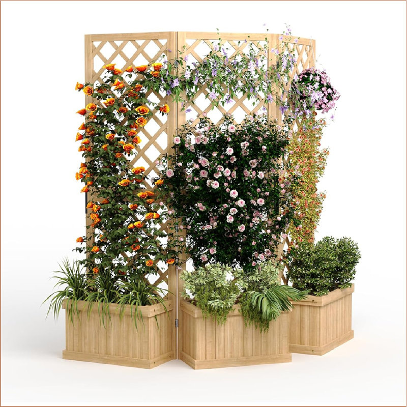 Wooden Garden Privacy Screen With Planter Box - 62"x10"x65" Freestanding Outdoor Fence Panel, 3 Hinged Sections W/drain Holes, Raised Bed Kit For Patio, Deck, Backyard - Cedar Wood