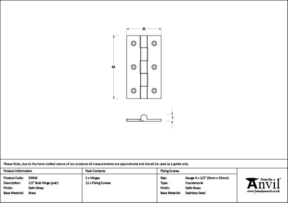 Butt Hinge, 6.4cm H x 3.5cm W, Satin Brass