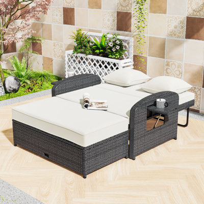 Outdoor PE Rattan Double Chaise Lounge with Cushions and Adjustable Back