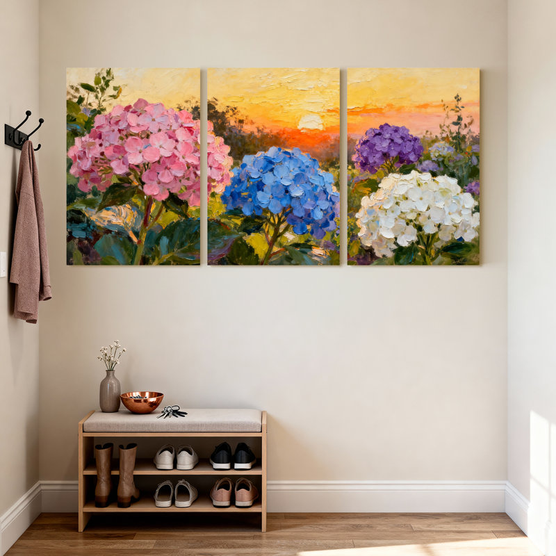 Ensemble de 3 tableaux muraux sur toile à motifs floraux d'hortensias, pour salon, chambre à coucher et décoration intérieure.