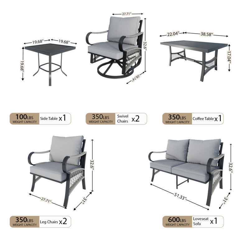 Ensemble de conversation en métal pour 6 personnes avec coussins gris, Gris