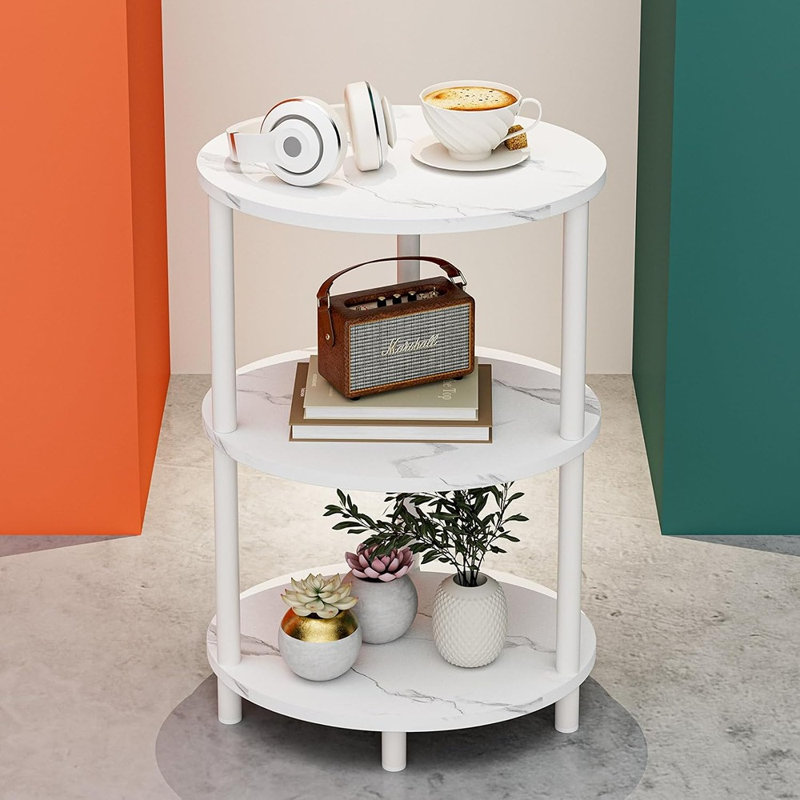 Table de bout ronde à piédestal avec rangement à 3 niveaux, table d'appoint en bois rustique et en métal pour le salon, la chambre à coucher et les petits espaces, marbre blanc