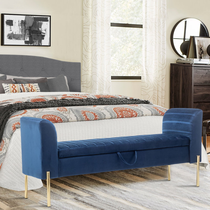 Natayah Velvet Upholstered Storage Bench, Blue 