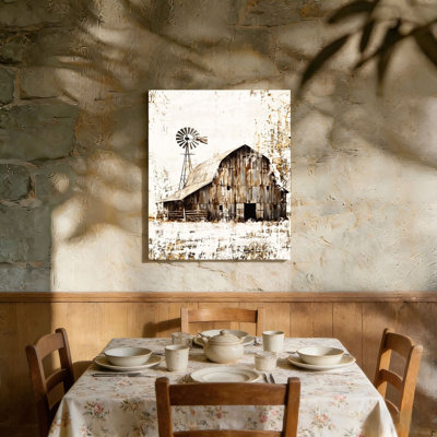 Rustic Old Barn Farmhouse Windmill Abstract Painting, Unframed Wall Art, 36"L X 24"W