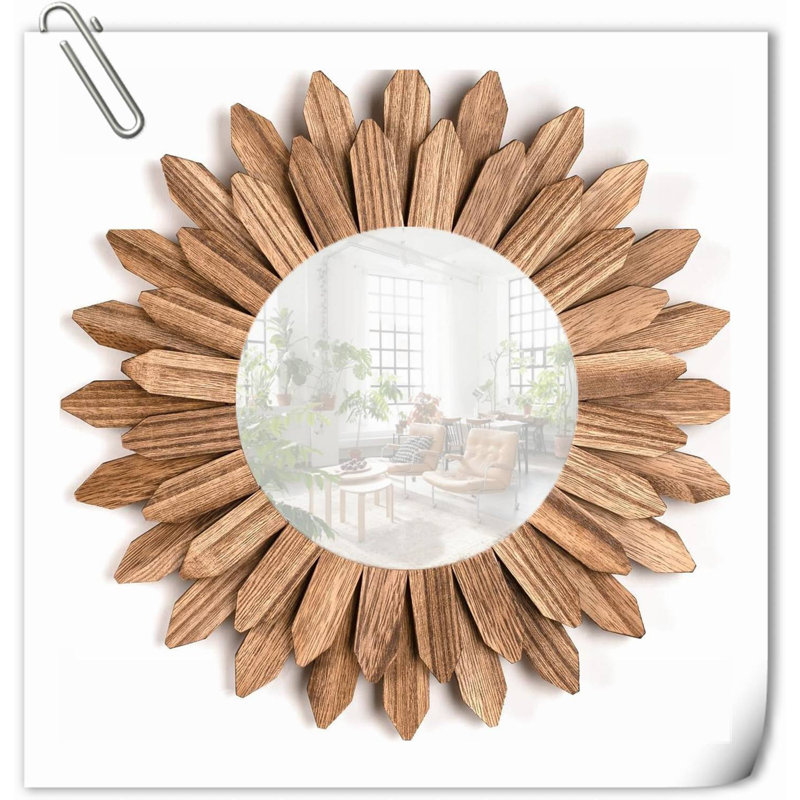 12" Rustic Wood Sunburst Boho Wall Mirror