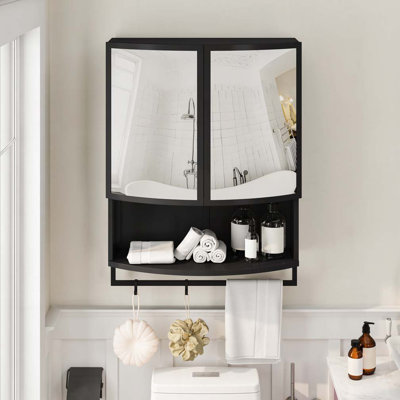 Armoire murale de salle de bain avec porte double en verre, tablette ouverte et porte-serviettes pour le vestibule, le salon, la salle de bain et la salle à manger
