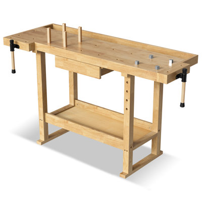 Banc de travail 100% en bois d'hévéa massif de 60 po | Établi robuste avec tiroir et poignée réglable, capacité de charge de 350 lb pour le garage, atelier
