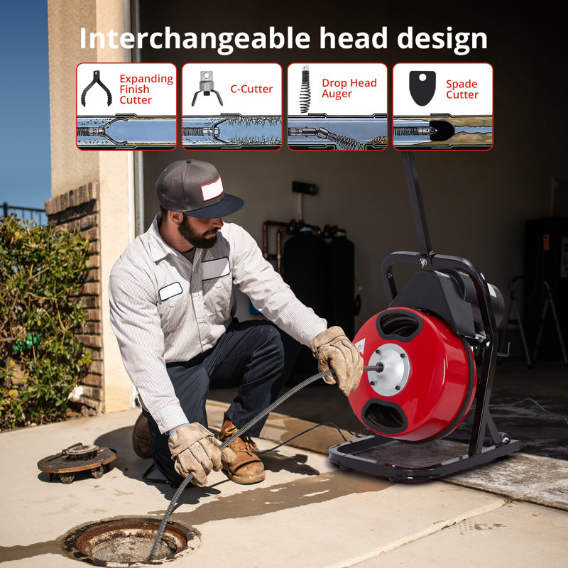 Electric Drain Cleaner Machine – 50FT x 1/2" Auger with 250W Motor, 4 Cutters, Air Foot Switch