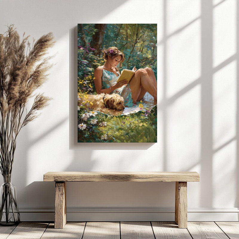 «Woman Reading Book in Floral Forest with Dog», art mural sur toile tendue avec cadre intérieur en bois massif, prête à être accrochée