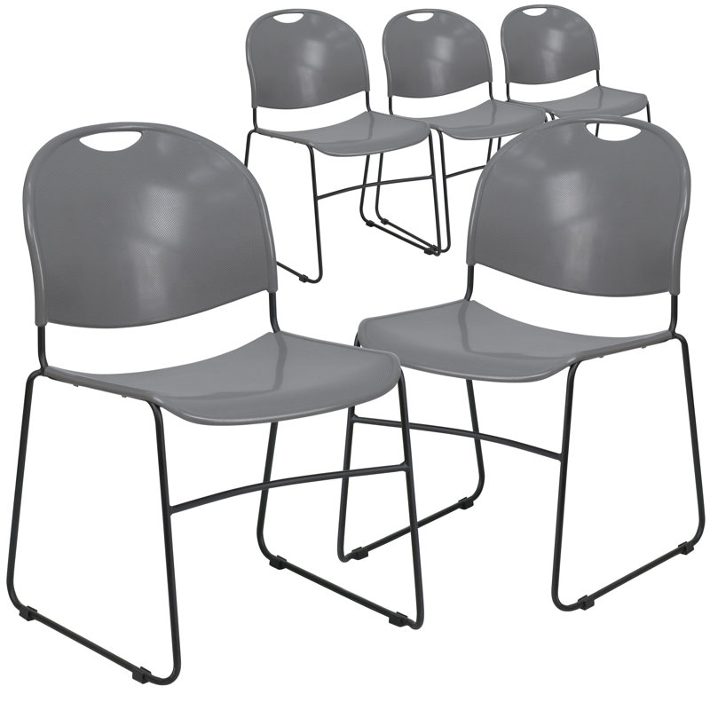 Hercules Series 880 lb Ultra-Compact Gray Vinyl Stack Chair with Black Metal Frame