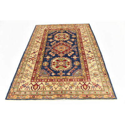 Tapis en laine beige/bleu 4 pi 10 po x 6 pi 4 po one-of-kind à la main noué la Alayna