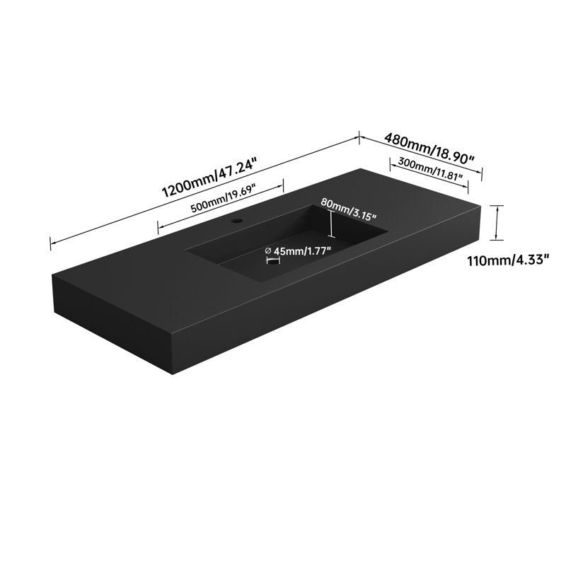 Lavabo de salle de bain pour salle de bain en résine solide de couleur grise matte, 46,82 po de profondeur, 19,2 po de largeur, 4,35 po de hauteur, 64,08 lb - assurance qualité durable, structure homogène, utilisation quotidienne confortable
