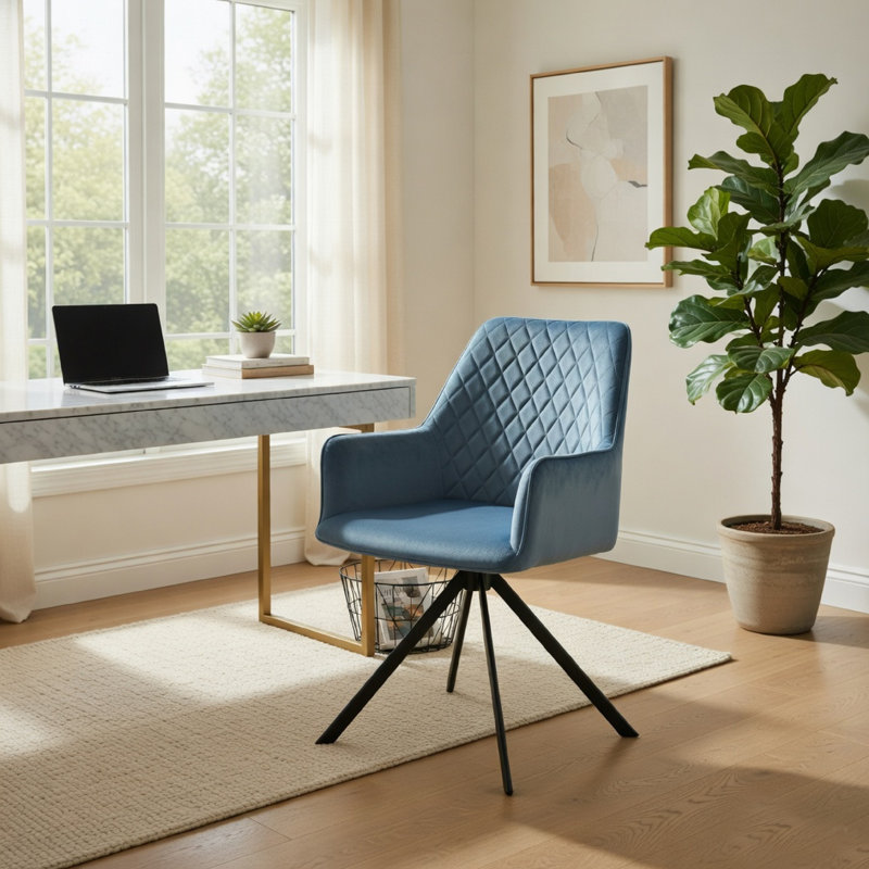 Chaise de bureau moderne, base en métal capitonnée losange bleu noir