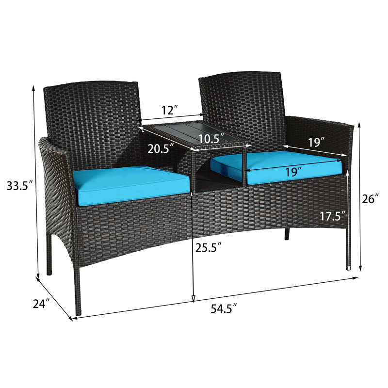 Jaylyn Modern Outdoor Rattan Loveseat with Built-in Coffee Table and Cushions, Turquoise