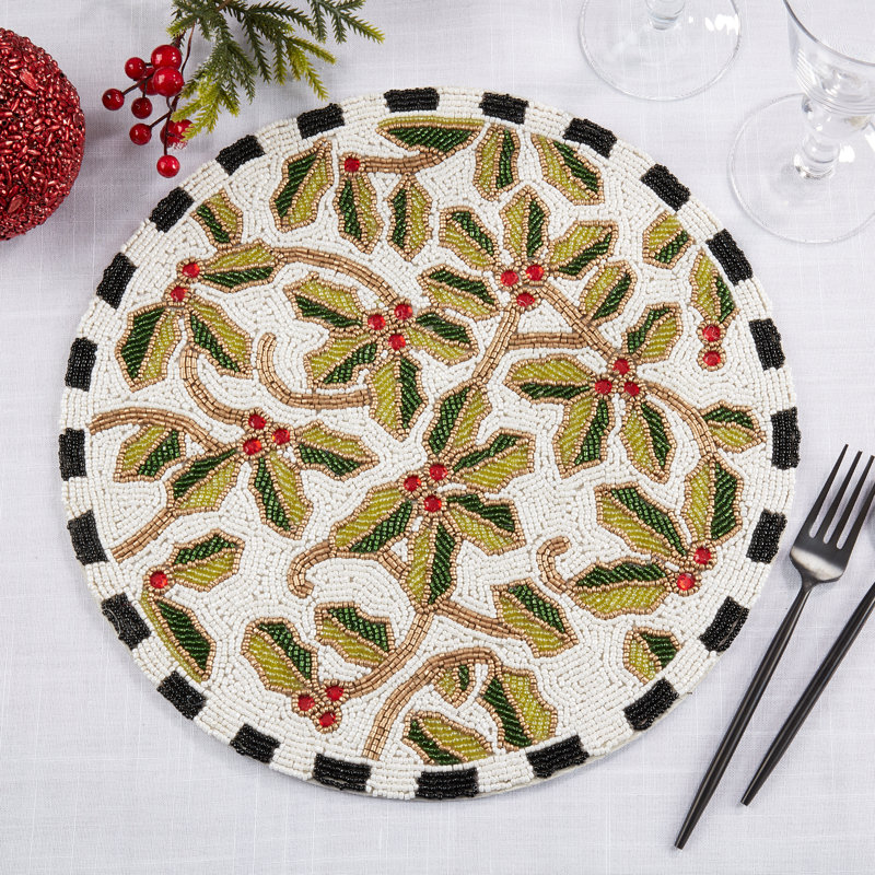Festive Holly Leaves Beaded Round Placemats Set of 4