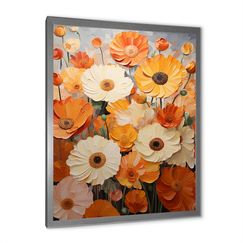 Orange Fiery Blooms 3 - art mural souci, Cadre simple argenté, H 20 po x l 12 po x P 1 po