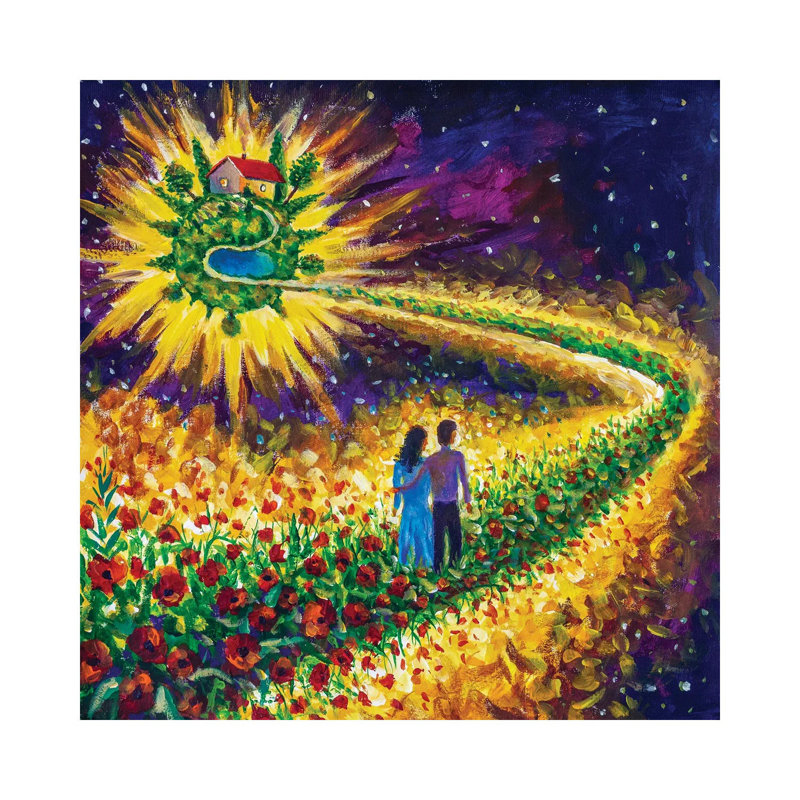 Couple In Love Walk Flower Road In Cosmos To Their Dream by Valery Rybakow - Wrapped Canvas Painting