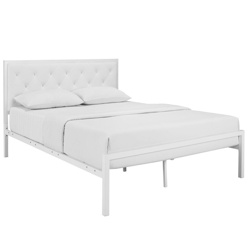 Mia Vinyl Platform Bed Frame, Queen, White