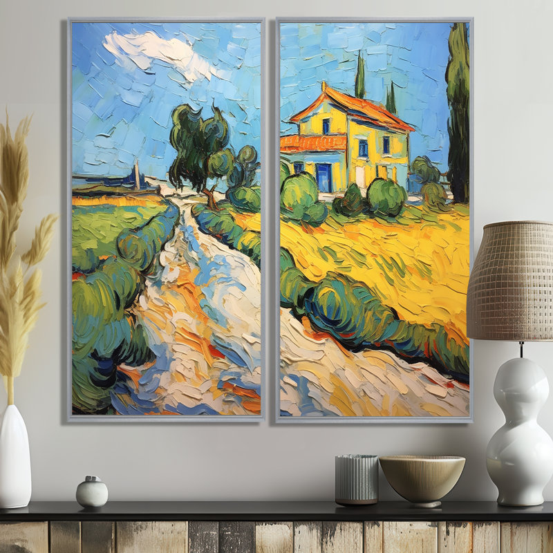 Vangogh la maison jaune à Arles III - art mural sur toile jaune 2 panneaux, 40" H x 40" W, Floater Framed Print, Silver