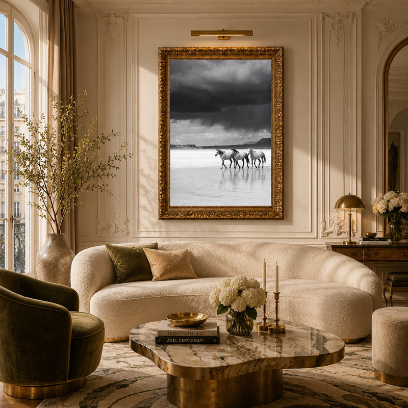 «Three Horses Walking on Salt Flat Under Dark Stormy Sky», art mural, H 30 po x l 20 po