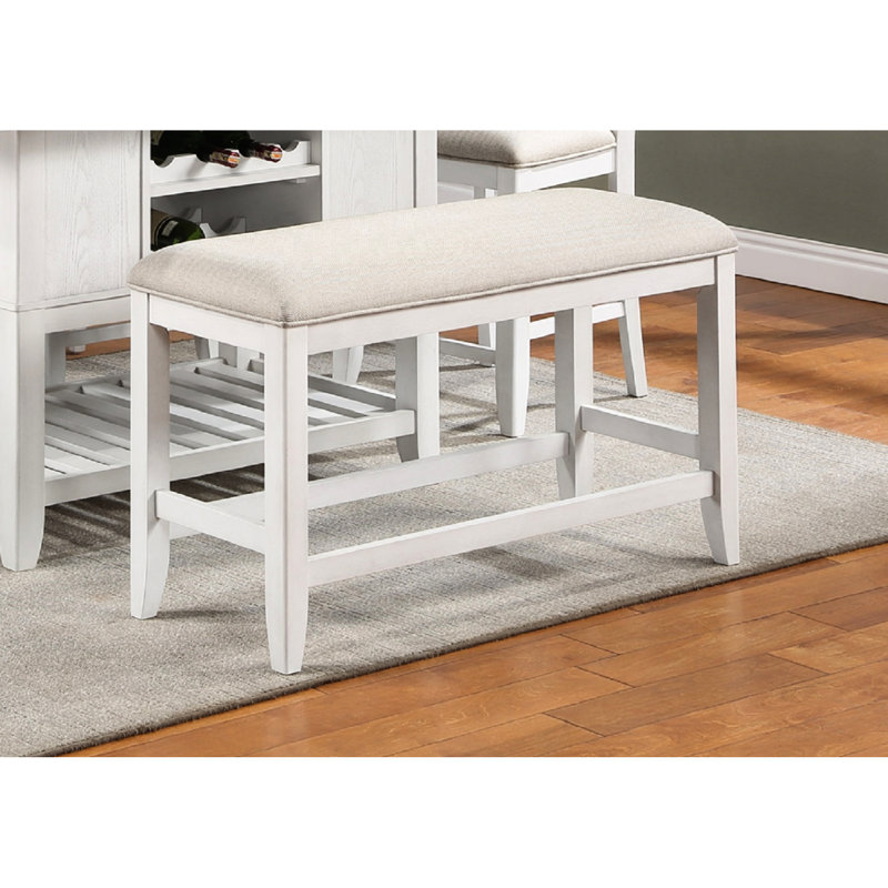 Counter-Height Bench In White With Linen-Like Fabric Upholstery - Upholstered White, Transitional Style Space Saving