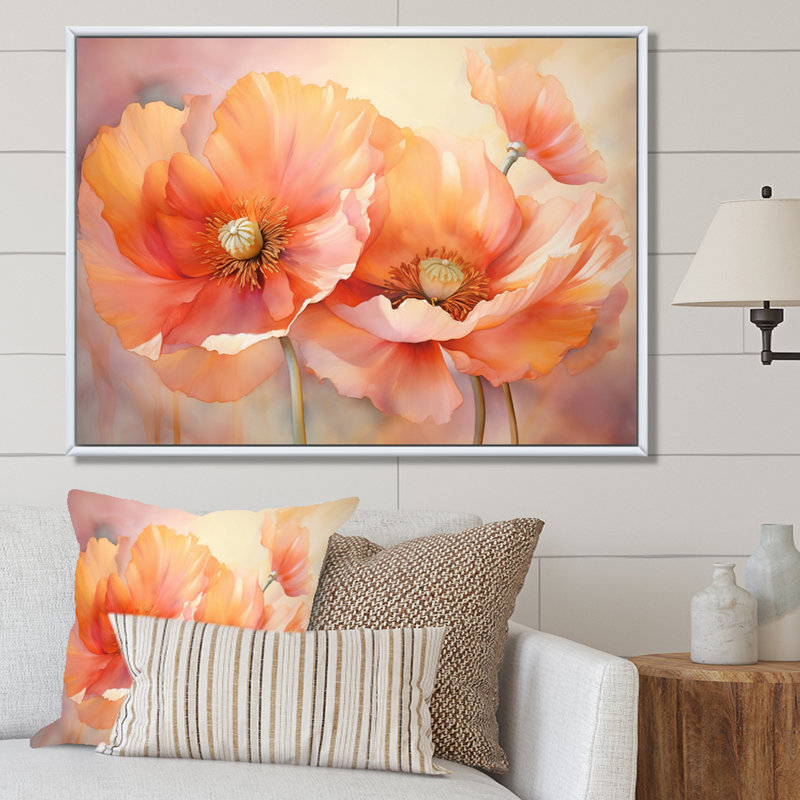 Coral Poppies Romantic Impression VI - Art mural de coquelicots pour le salon, 30" H x 40" W, Cadre flottant blanc
