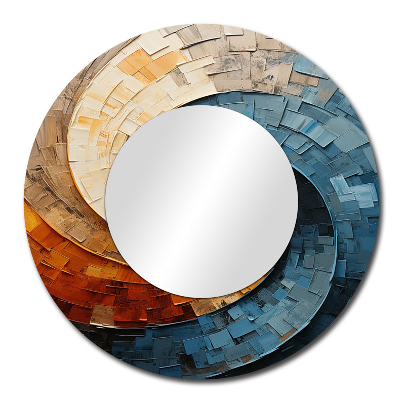 Collaged Spiral - Abstract Spirals Large Mirror, Teal Round Decorative Wall Mirror, Printed Metal Art, 29" x 29"