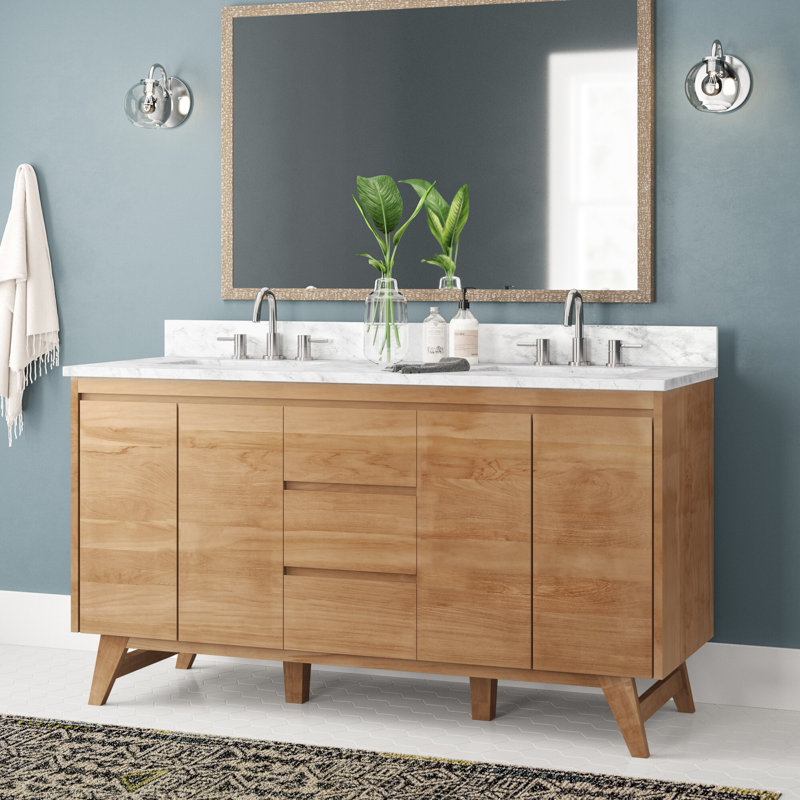 Saeko 60" Double Bathroom Vanity with Carrara Marble Top, Natural Teak