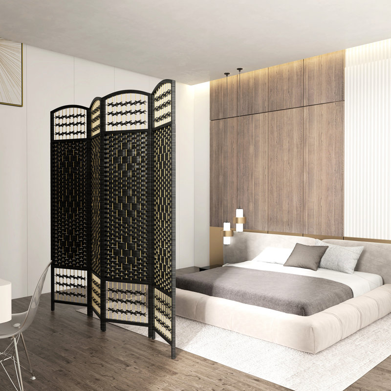 Paravent pliant, paravent à 4 panneaux, cloison en fibre Black Wave de 5,6 pi, tissé à la main pour la chambre à coucher, le salon et la zone de sécurité