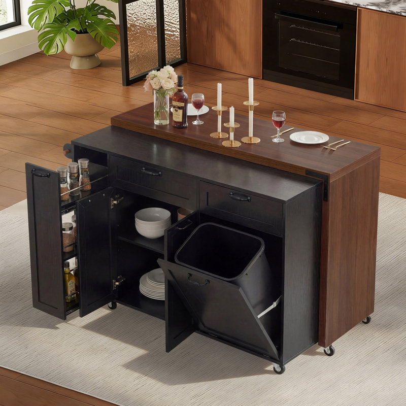 102.3" Rolling Kitchen Island With Extendable Dining Table, Kitchen Cart With Trash Storage Cabinet, 3-Tier Pull-Out Spice Rack
