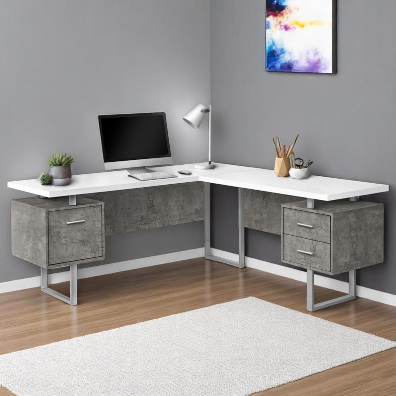Aberdeen White & Gray Corner Computer Desk with Silver Metal Legs, 29.85" H X 70.73" W X 70.73" D